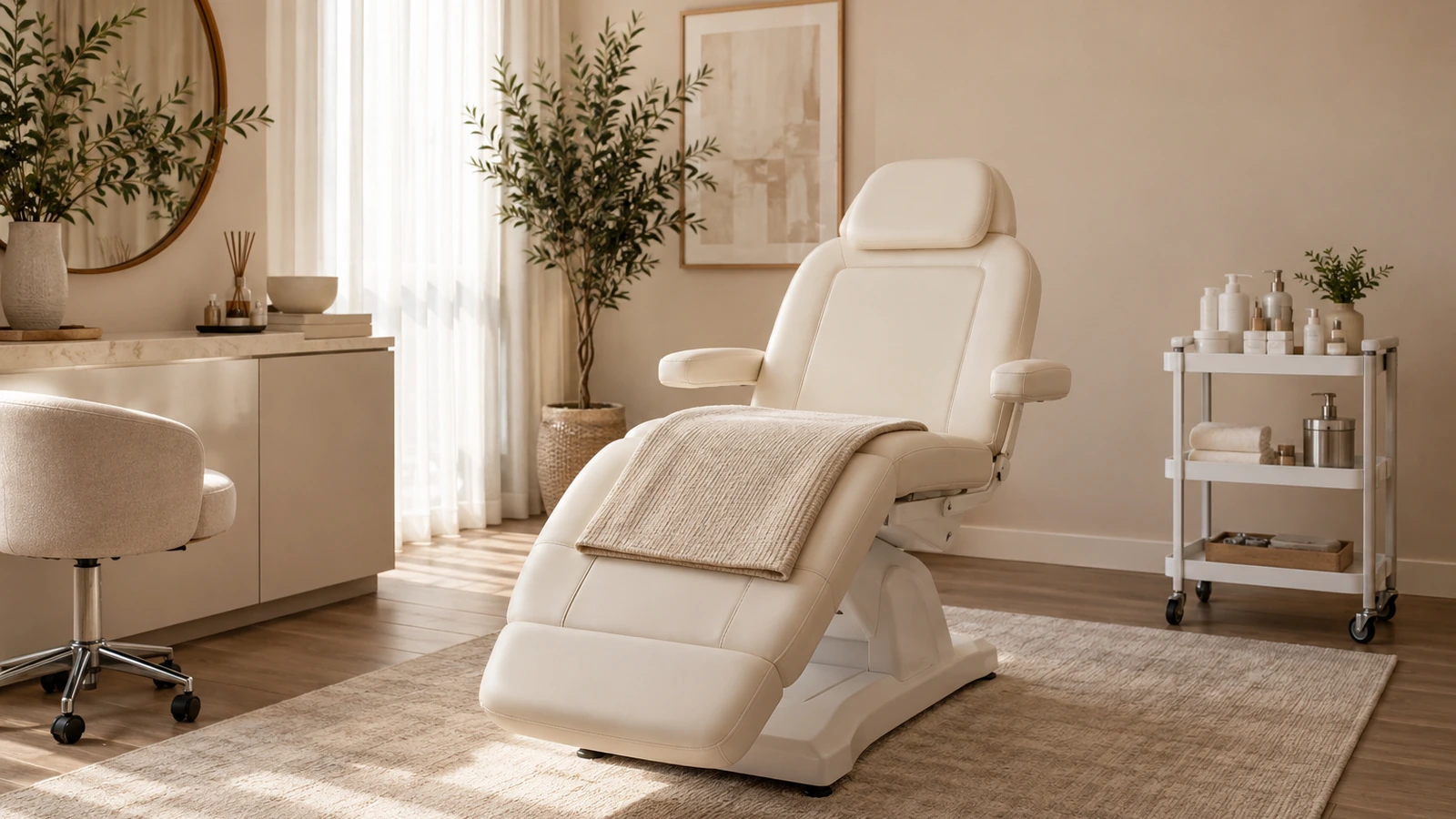 Sfeerbeeld van een lichte salon met een behandelstoel